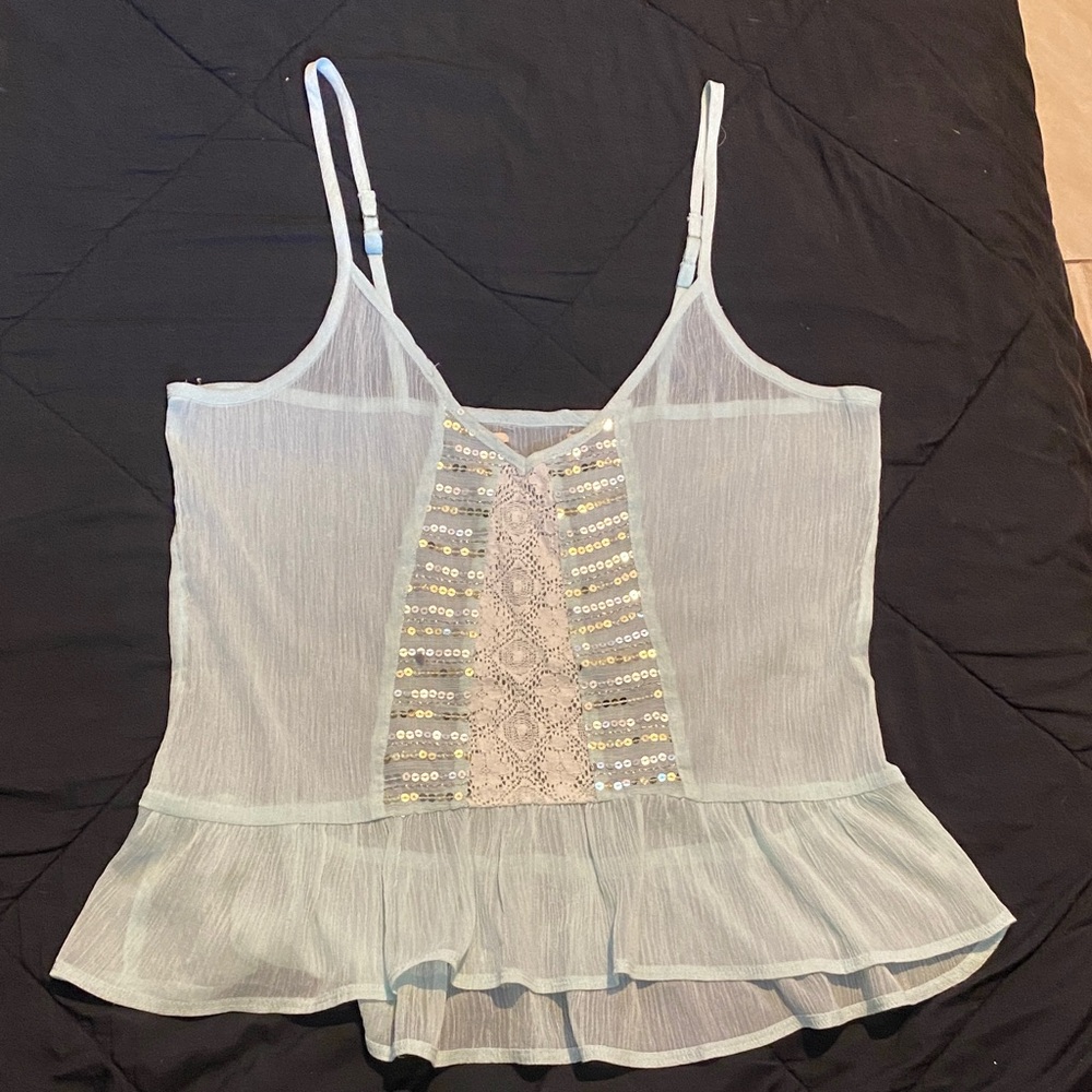 Light Blue Lace & Sequin Peplum Cami Tank Top